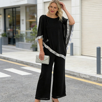 📢📢BIG SALE !!⏰Elegant Sequin Trim Poncho Top & Wide-Leg Pants Set