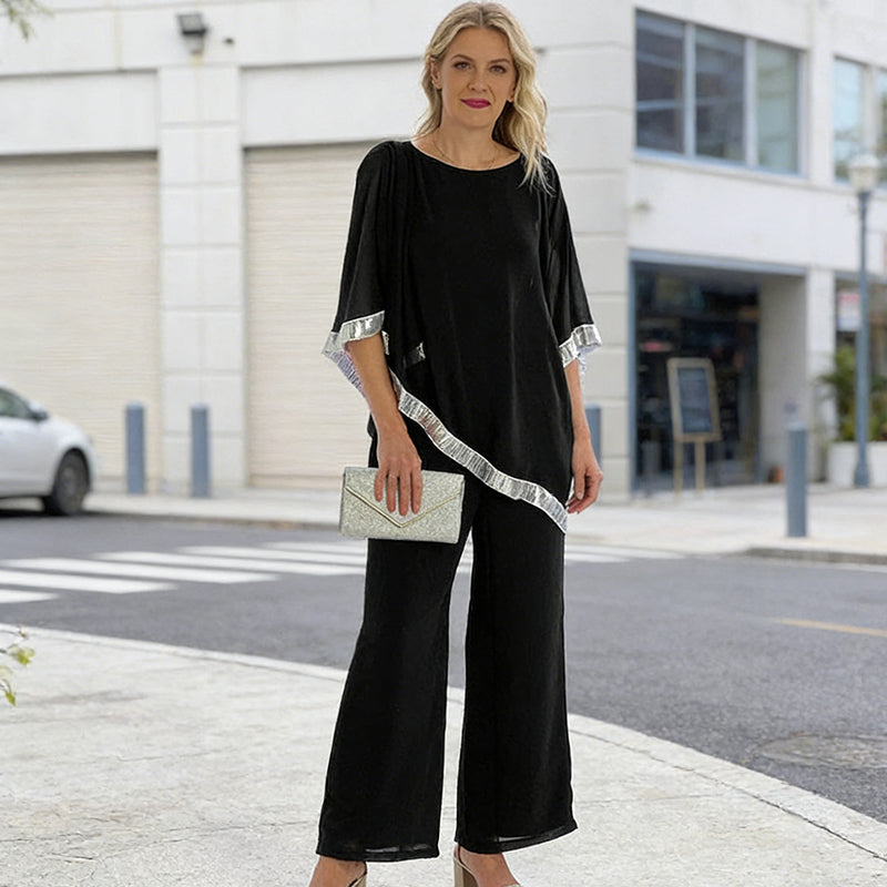 📢📢BIG SALE !!⏰Elegant Sequin Trim Poncho Top & Wide-Leg Pants Set