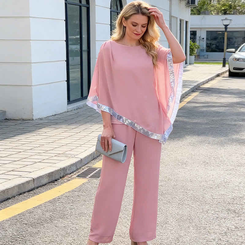 📢📢BIG SALE !!⏰Elegant Sequin Trim Poncho Top & Wide-Leg Pants Set