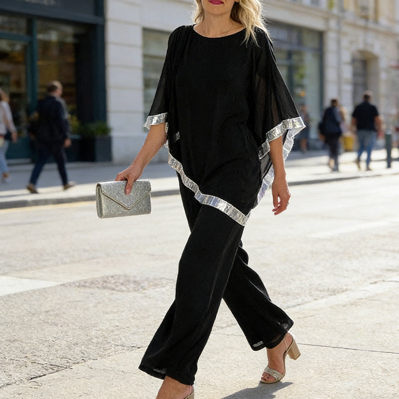 📢📢BIG SALE !!⏰Elegant Sequin Trim Poncho Top & Wide-Leg Pants Set