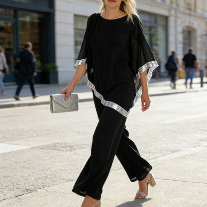 📢📢BIG SALE !!⏰Elegant Sequin Trim Poncho Top & Wide-Leg Pants Set