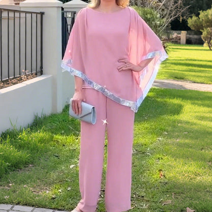 📢📢BIG SALE !!⏰Elegant Sequin Trim Poncho Top & Wide-Leg Pants Set