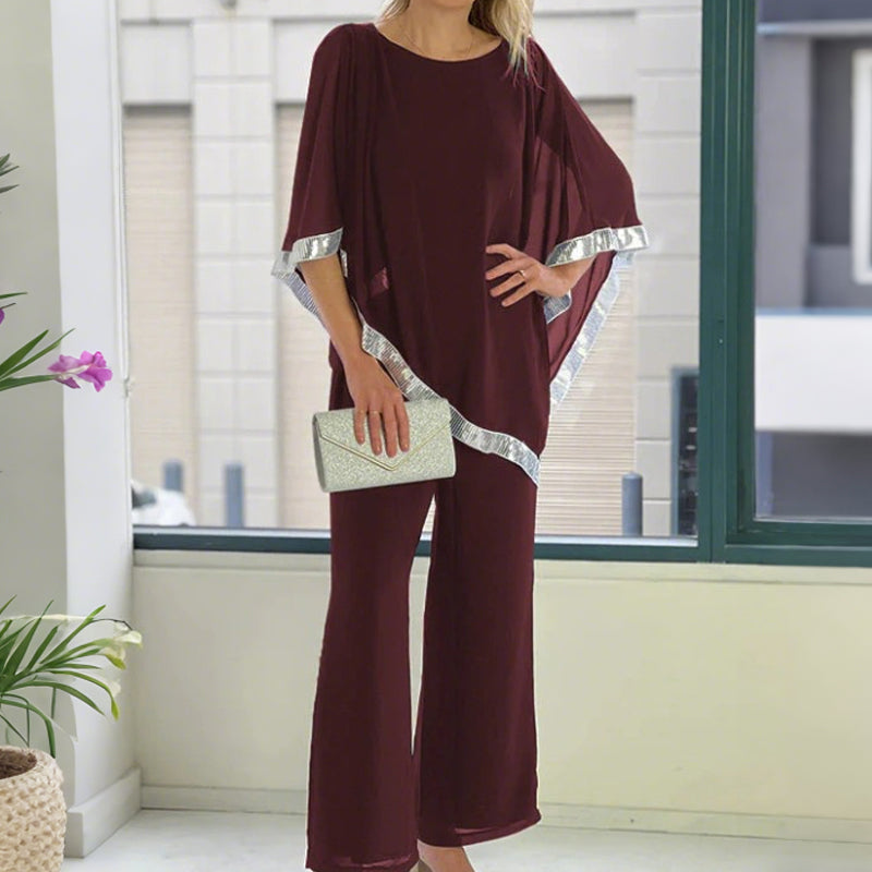 📢📢BIG SALE !!⏰Elegant Sequin Trim Poncho Top & Wide-Leg Pants Set