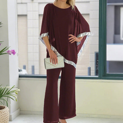 📢📢BIG SALE !!⏰Elegant Sequin Trim Poncho Top & Wide-Leg Pants Set