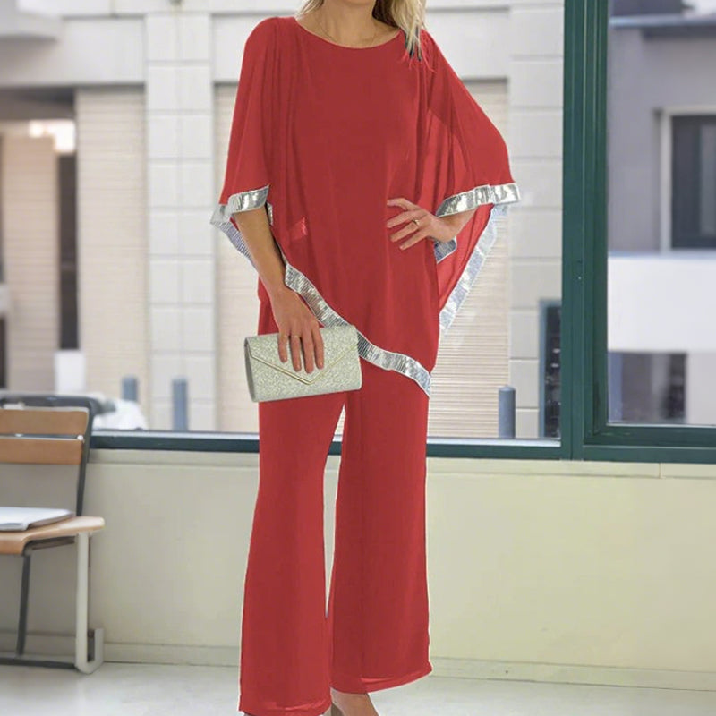 📢📢BIG SALE !!⏰Elegant Sequin Trim Poncho Top & Wide-Leg Pants Set