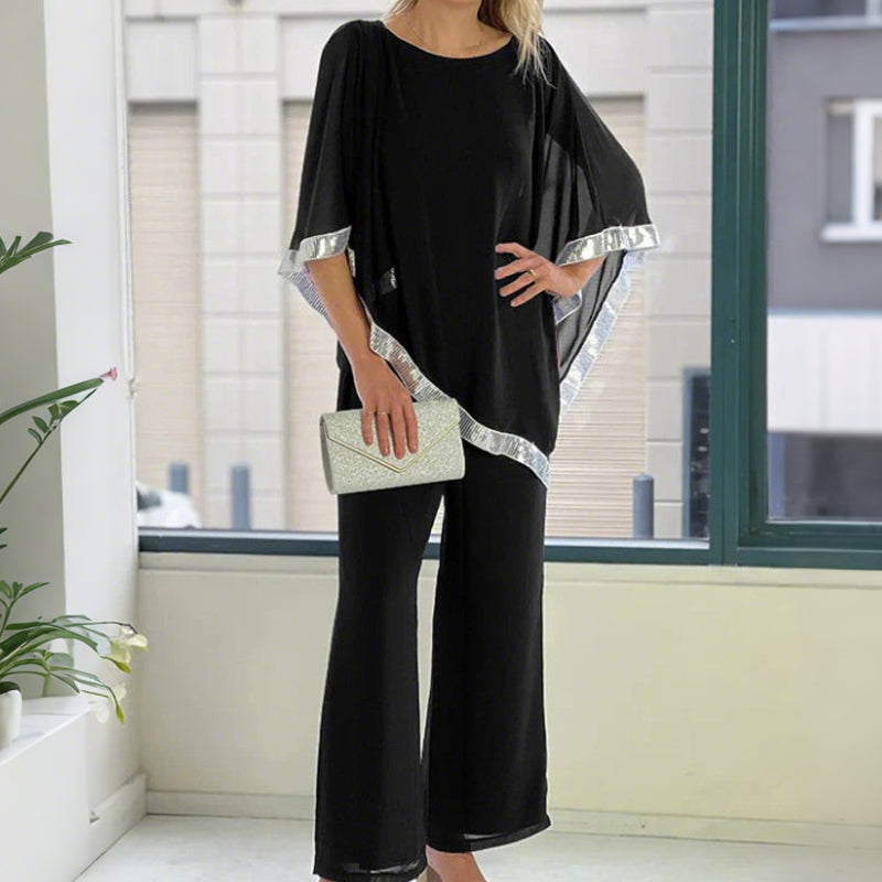 📢📢BIG SALE !!⏰Elegant Sequin Trim Poncho Top & Wide-Leg Pants Set