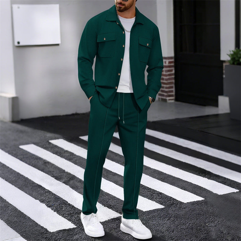 🔥 Men's Waffle Button-Up Jacket & Trousers Set – Breathable Waffle Knit, Relaxed Fit & Effortless Casual Style 👕👖