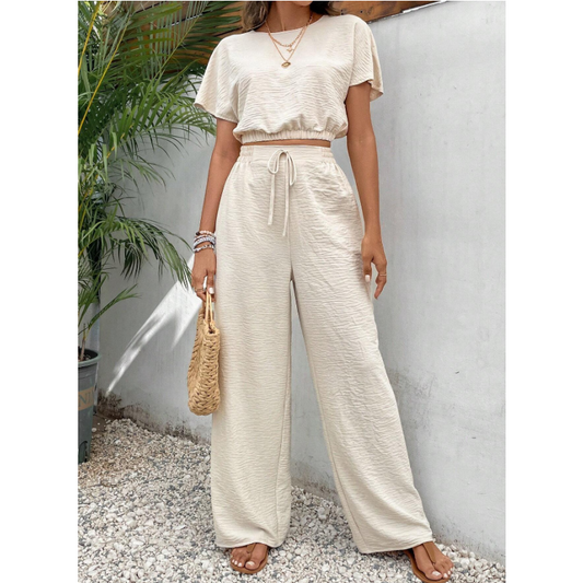 📢📢BIG SALE !!⏰Short Sleeve Top Loose Straight Leg Pants Two Piece Set For Women