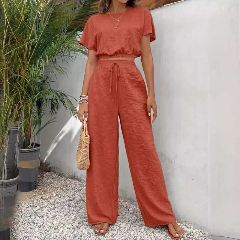 📢📢BIG SALE !!⏰Short Sleeve Top Loose Straight Leg Pants Two Piece Set For Women