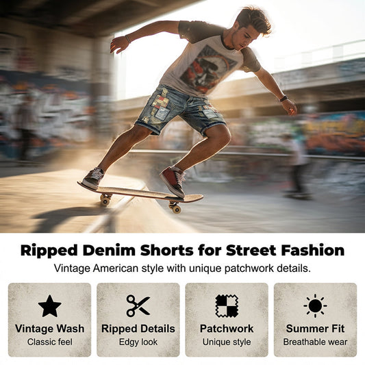 🔥 Men’s Ripped Denim Shorts – Patchwork Design for Street Style Edge 👖✨