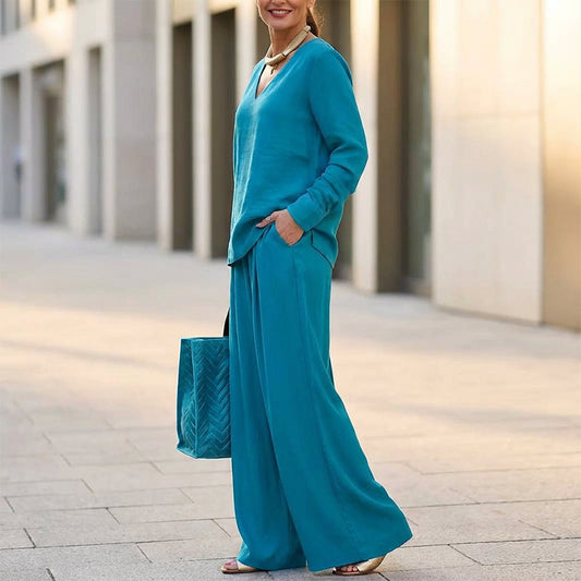 ✨ NEW! Women's V-Neck Lounge Set with Wide-Leg Pants