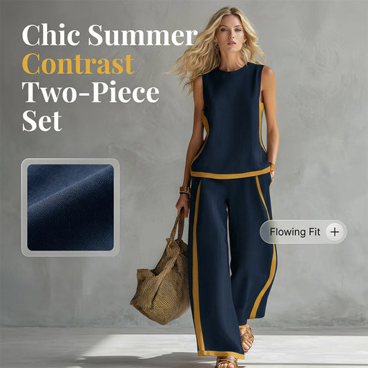 🔥New arrivals on sale-Casual Sleeveless Colorblock Top & Wide-Leg Pants Set