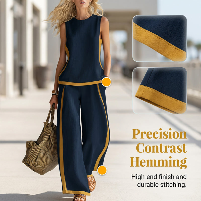 🔥New arrivals on sale-Casual Sleeveless Colorblock Top & Wide-Leg Pants Set