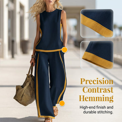 🔥New arrivals on sale-Casual Sleeveless Colorblock Top & Wide-Leg Pants Set