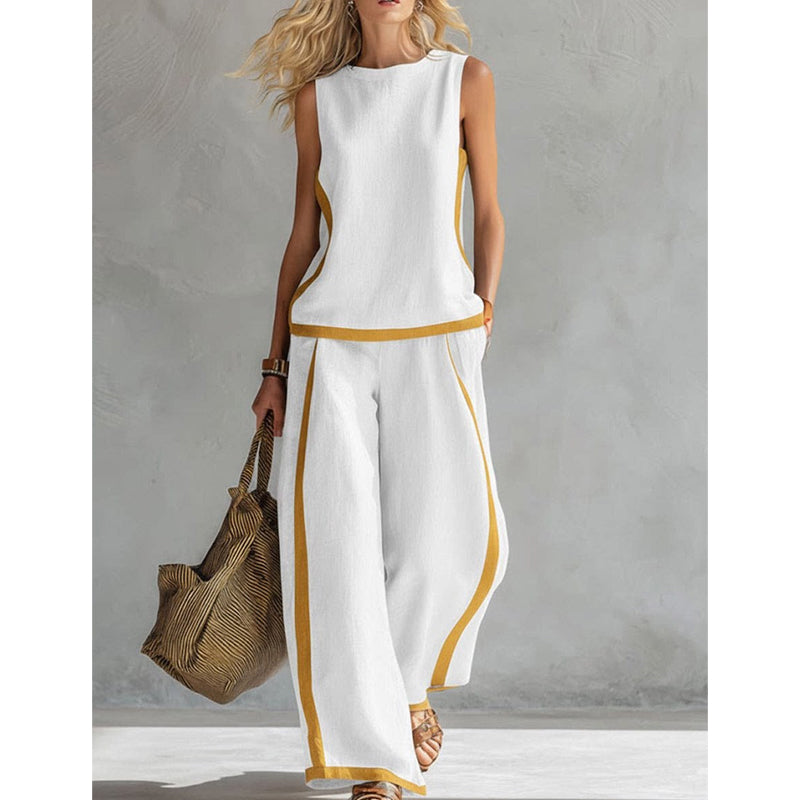 🔥New arrivals on sale-Casual Sleeveless Colorblock Top & Wide-Leg Pants Set