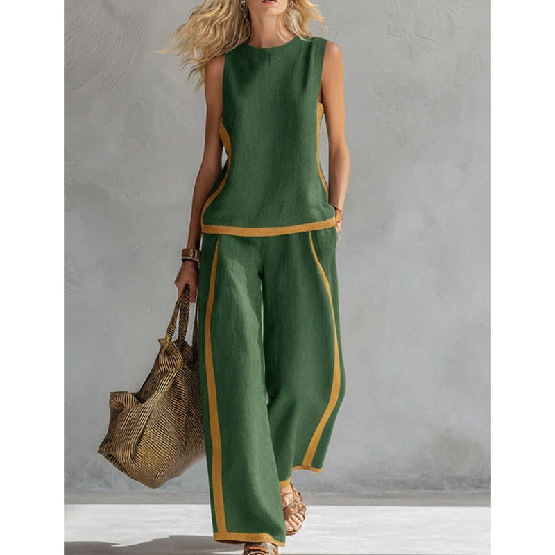 🔥New arrivals on sale-Casual Sleeveless Colorblock Top & Wide-Leg Pants Set