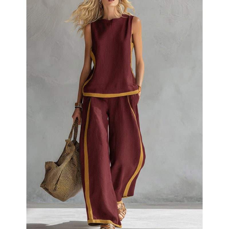 🔥New arrivals on sale-Casual Sleeveless Colorblock Top & Wide-Leg Pants Set