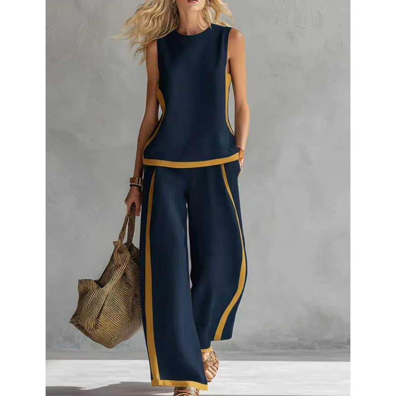 🔥New arrivals on sale-Casual Sleeveless Colorblock Top & Wide-Leg Pants Set