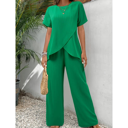 ⏰🔥LIMITED TIME 50% OFF! 💃 Women’s Casual Asymmetrical Top & Wide-Leg Pants Outfit – Flowy, Comfortable & Effortlessly Chic ✨🌿