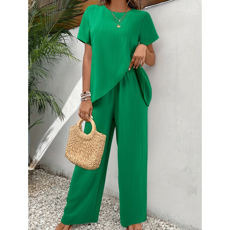 ⏰🔥LIMITED TIME 50% OFF! 💃 Women’s Casual Asymmetrical Top & Wide-Leg Pants Outfit – Flowy, Comfortable & Effortlessly Chic ✨🌿