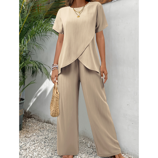 ⏰🔥LIMITED TIME 50% OFF! 💃 Women’s Casual Asymmetrical Top & Wide-Leg Pants Outfit – Flowy, Comfortable & Effortlessly Chic ✨🌿