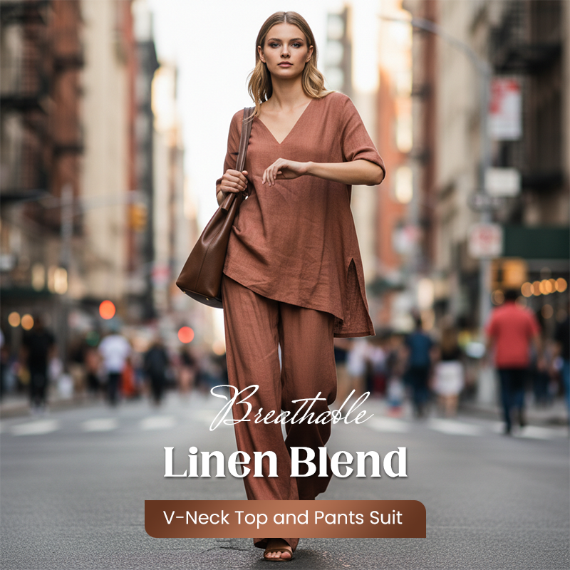⏰ Limited-Time 50% OFF🤩Breathable Linen Blend V-Neck Top and Pants Suit