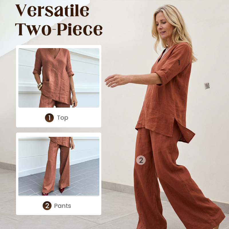 ⏰ Limited-Time 50% OFF🤩Breathable Linen Blend V-Neck Top and Pants Suit