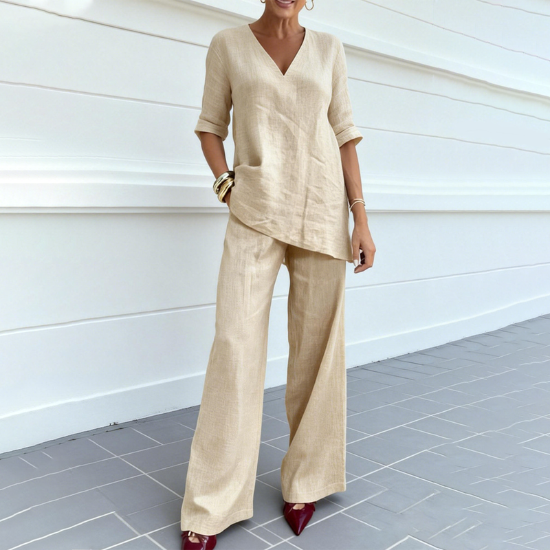 ⏰ Limited-Time 50% OFF🤩Breathable Linen Blend V-Neck Top and Pants Suit