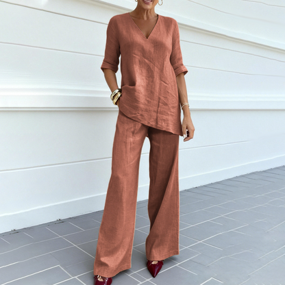 ⏰ Limited-Time 50% OFF🤩Breathable Linen Blend V-Neck Top and Pants Suit