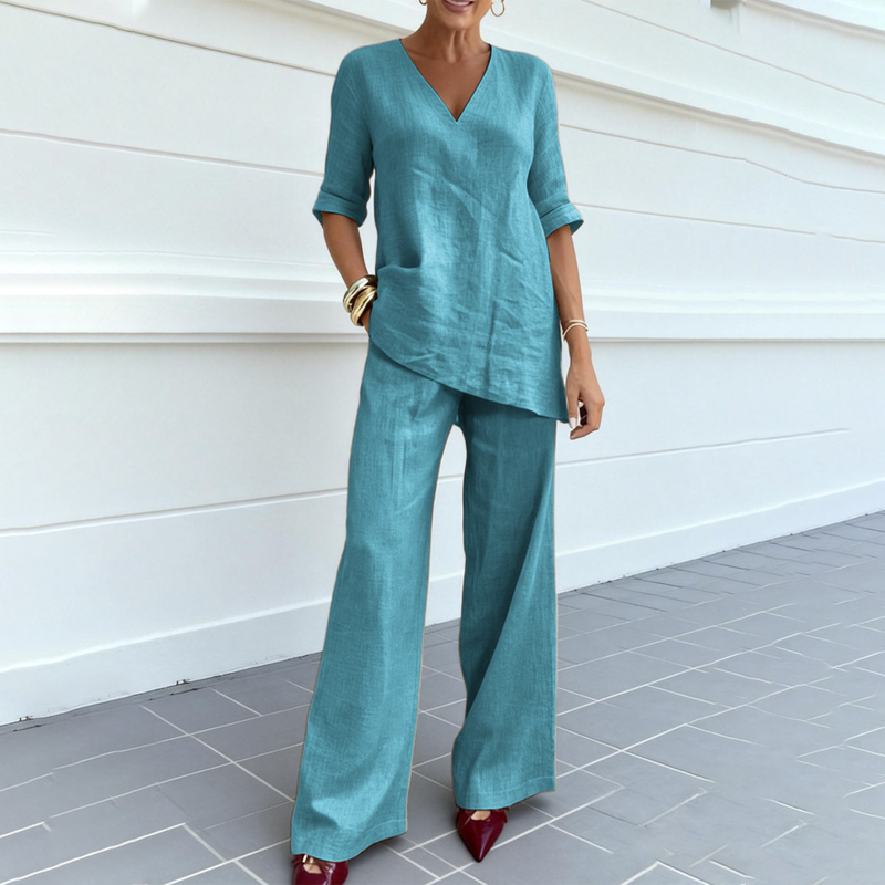 ⏰ Limited-Time 50% OFF🤩Breathable Linen Blend V-Neck Top and Pants Suit