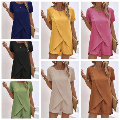 📢📢50% OFF !! ⏰Women's Solid Color Irregular Top & Shorts Two Piece Set