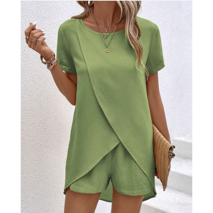 📢📢50% OFF !! ⏰Women's Solid Color Irregular Top & Shorts Two Piece Set