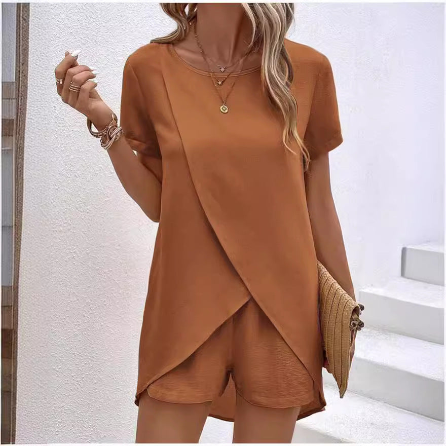📢📢50% OFF !! ⏰Women's Solid Color Irregular Top & Shorts Two Piece Set