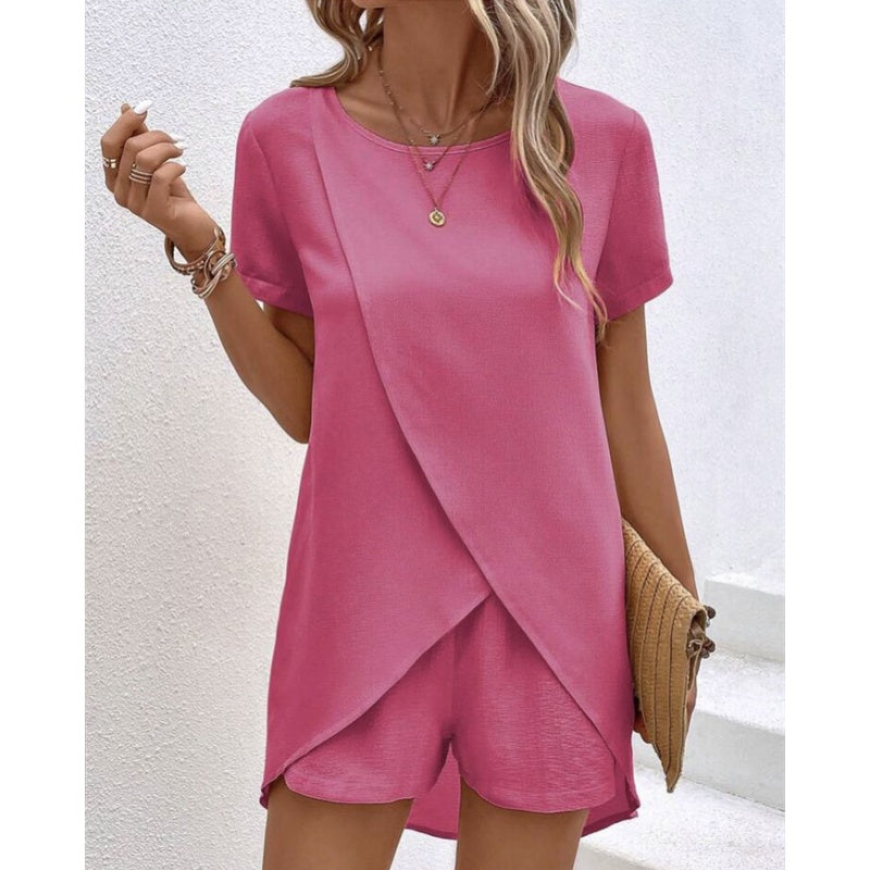 📢📢50% OFF !! ⏰Women's Solid Color Irregular Top & Shorts Two Piece Set