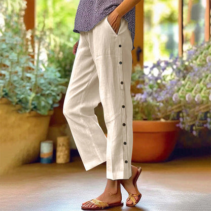 ⏰🔥LIMITED TIME 50% OFF! 👖 Casual Solid-Color Loose-Fit Cropped Pants with Side Buttons – Comfy, Breathable & Effortlessly Chic ✨💃