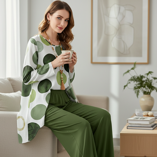 🌟 Effortless Style & Comfort – Modern Print Long Sleeve Blouse And Trousers Outfit✨