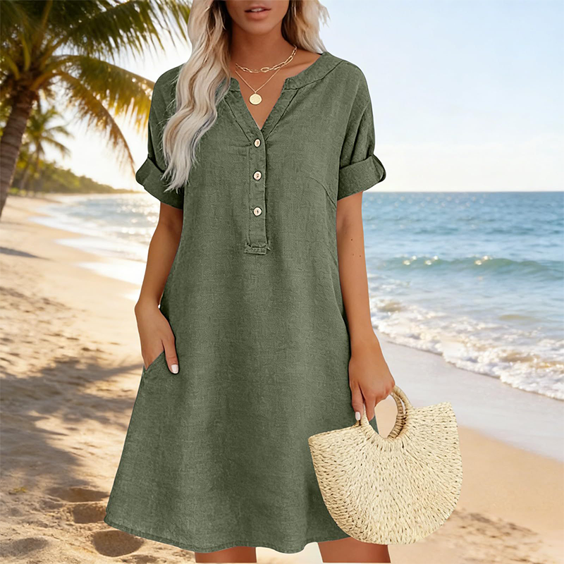 🏝️👗Women's V-Neck Tunic Dress – Relaxed Fit, Pockets & Breathable