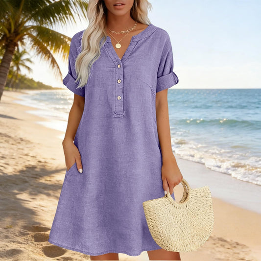 🏝️👗Women's V-Neck Tunic Dress – Relaxed Fit, Pockets & Breathable