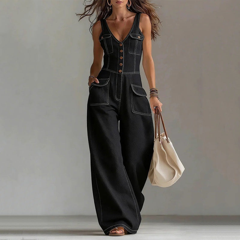 👖 LIMITED-TIME 55% OFF! 💥 Women's Denim Jumpsuit – Button-Front, Wide-Leg✨