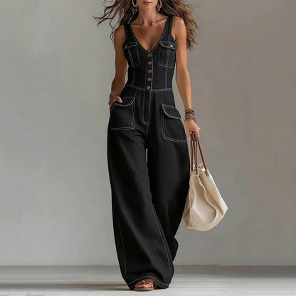 👖 LIMITED-TIME 55% OFF! 💥 Women's Denim Jumpsuit – Button-Front, Wide-Leg✨