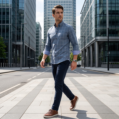 👔 LIMITED-TIME 50% OFF! ✨ Men's Modern Fit Windowpane Shirt – Contrast Details, Button-Down, Premium Blend 🍁