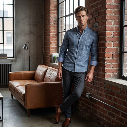 👔 LIMITED-TIME 50% OFF! ✨ Men's Modern Fit Windowpane Shirt – Contrast Details, Button-Down, Premium Blend 🍁