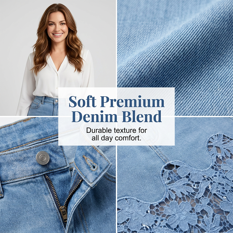 Women's Denim Bodycon Skirt with Hollow Lace Trim💙