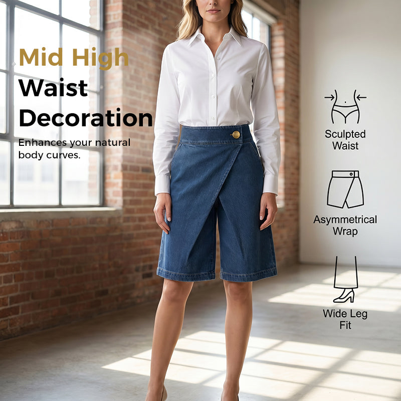 👖 LIMITED-TIME 50% OFF! 💥 Women's Asymmetrical Wide-Leg Shorts – Faux Denim, Mid-High Waist, Vintage Button ✨
