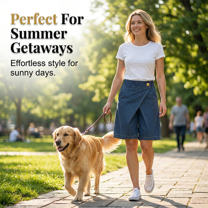 👖 LIMITED-TIME 50% OFF! 💥 Women's Asymmetrical Wide-Leg Shorts – Faux Denim, Mid-High Waist, Vintage Button ✨