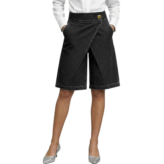 👖 LIMITED-TIME 50% OFF! 💥 Women's Asymmetrical Wide-Leg Shorts – Faux Denim, Mid-High Waist, Vintage Button ✨