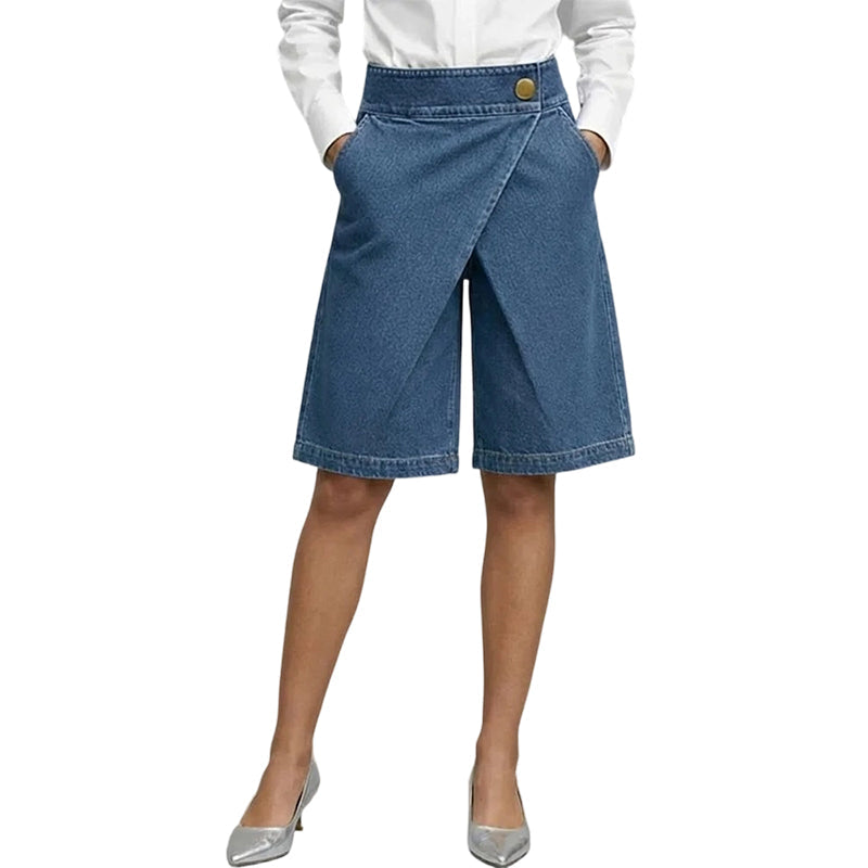 👖 LIMITED-TIME 50% OFF! 💥 Women's Asymmetrical Wide-Leg Shorts – Faux Denim, Mid-High Waist, Vintage Button ✨