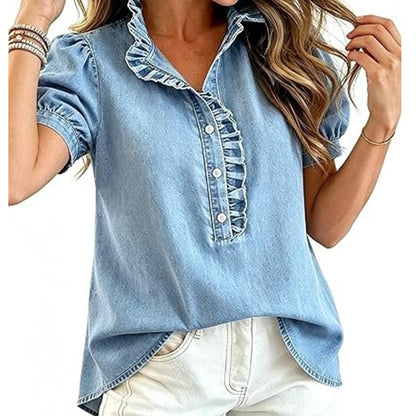 ⌛Limited-Time Offer-Women's Ruffle Collar Denim Top
