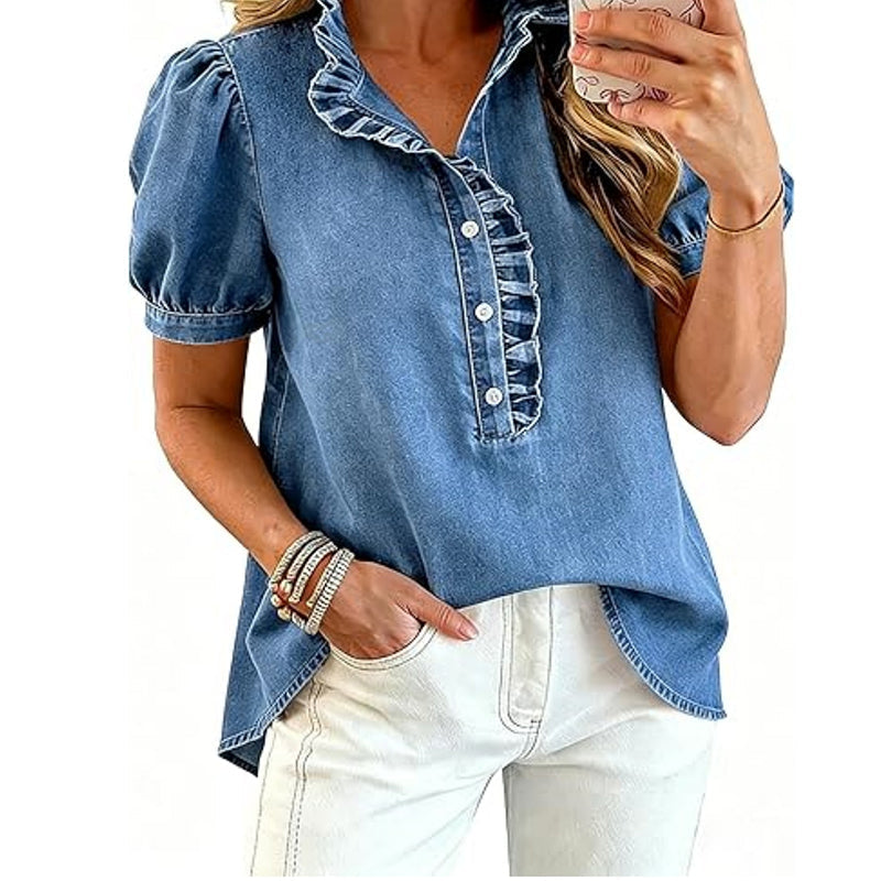 ⌛Limited-Time Offer-Women's Ruffle Collar Denim Top