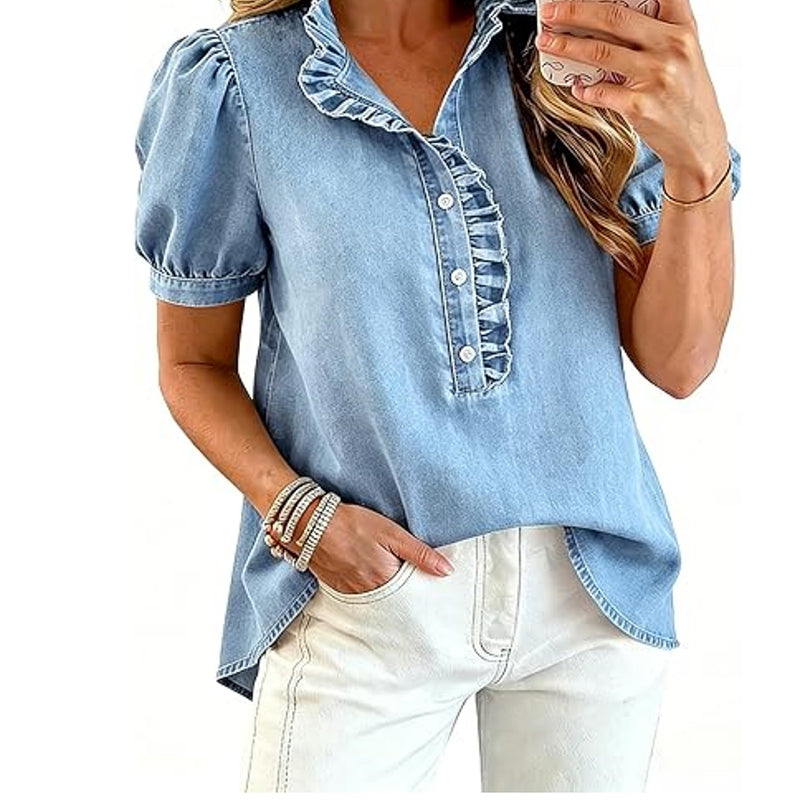 ⌛Limited-Time Offer-Women's Ruffle Collar Denim Top